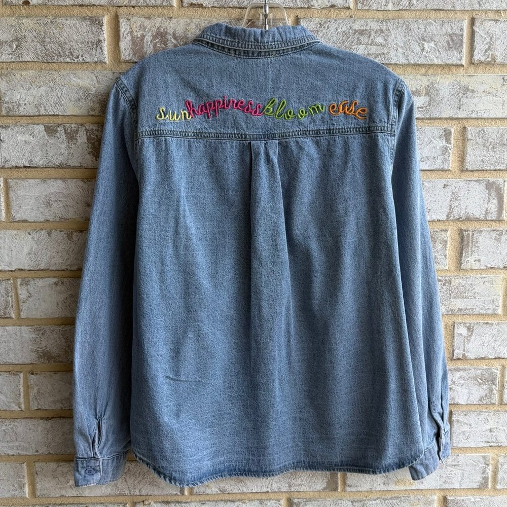 Mare Mare Anthropologie Long Sleeve Button Front Embroidered Denim Shirt Size L - Picture 2 of 8